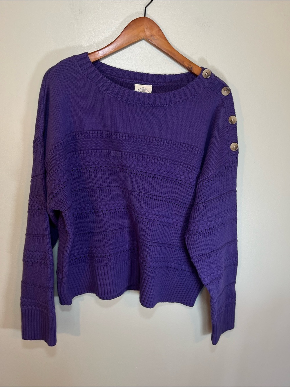 Vintage Style Purple Textured Cable Knit Pullover Sweater Shoulder Buttons XXL
